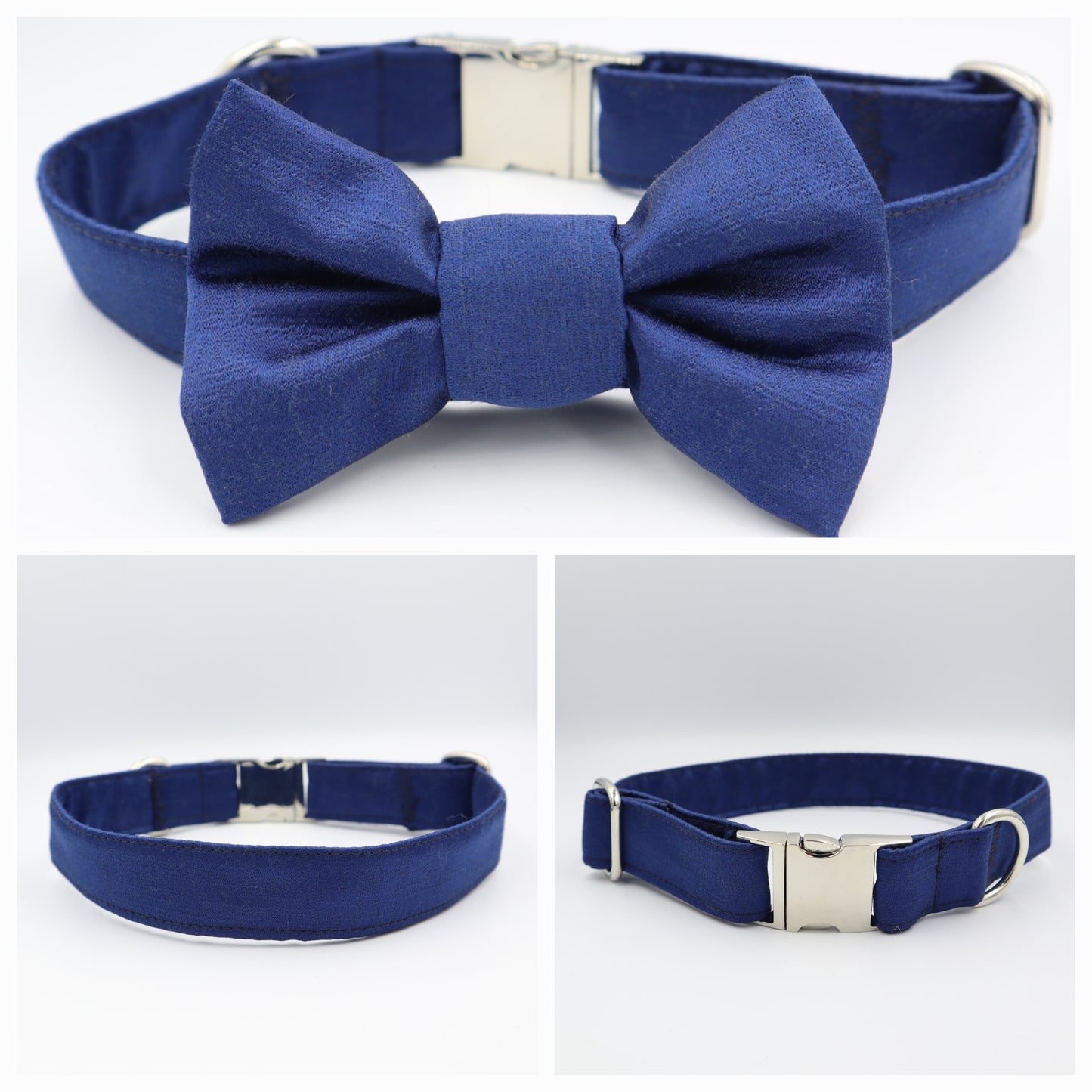 Dog Collar in Navy Blue Satin Style Fabric with Satin Bow CHOICE of COLOURS