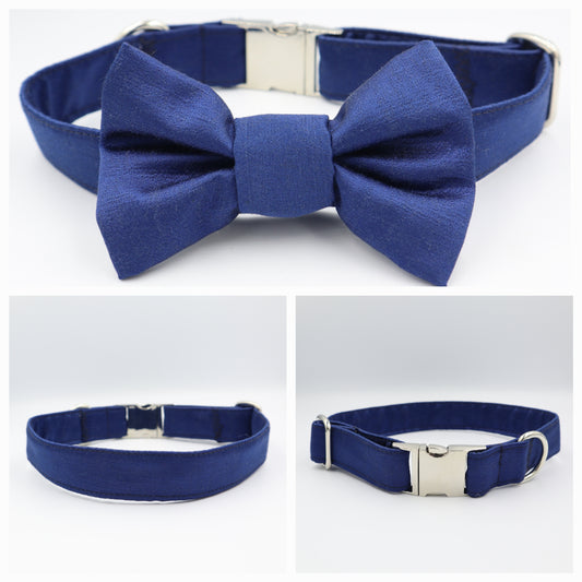 Dog Collar in Navy Blue Satin Style Fabric with Satin Bow CHOICE of COLOURS