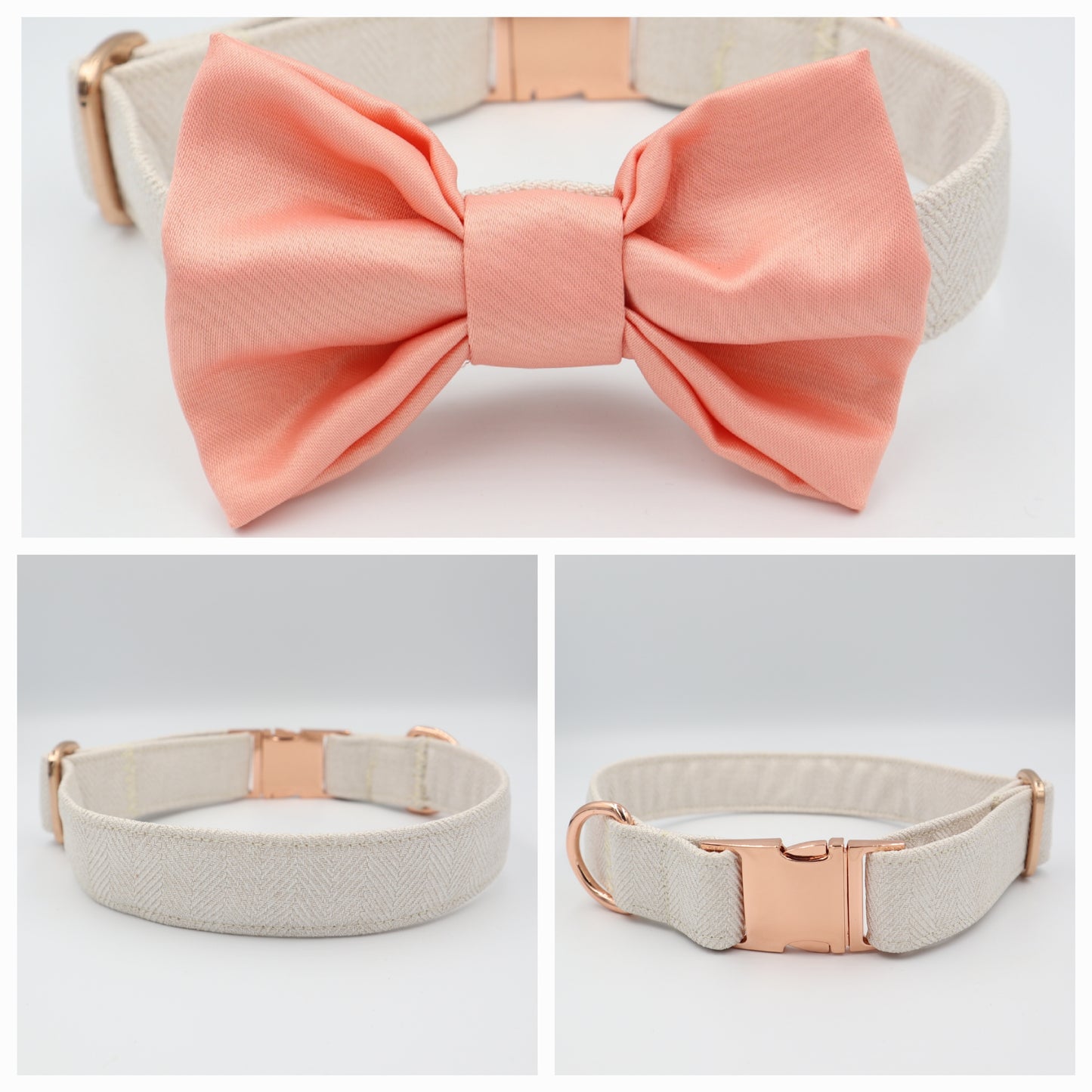 Dog Collar in Beige Soft Herringbone Tweed Style Fabric with Satin Bow CHOICE of COLOURS