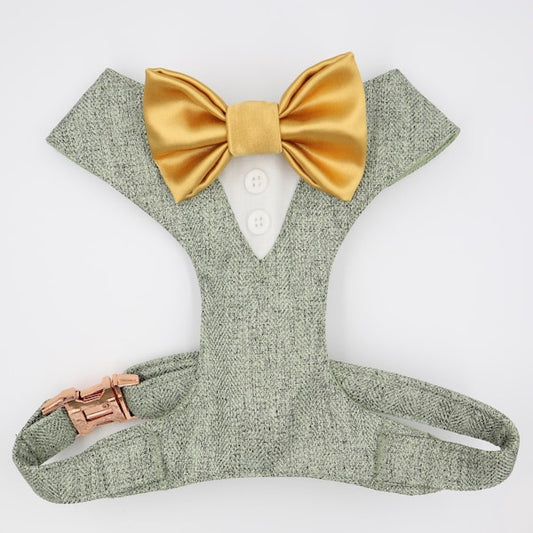 Tuxedo Wedding Dog Harness in Sage Green Soft Herringbone Tweed Fabric with Satin Bow CHOICE of COLOURS Made to Measure