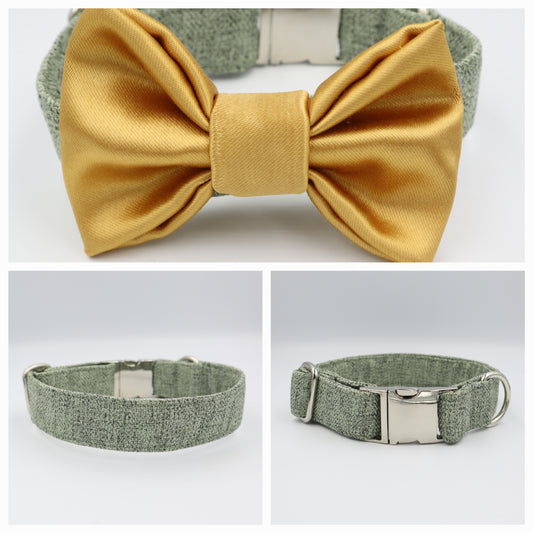 Dog Collar in Sage Green Soft Herringbone Tweed Style Fabric with Satin Bow CHOICE of COLOURS