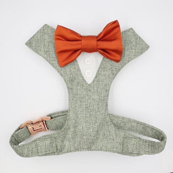 Tuxedo Wedding Dog Harness in Sage Green Soft Herringbone Tweed Fabric with Satin Bow CHOICE of COLOURS Made to Measure