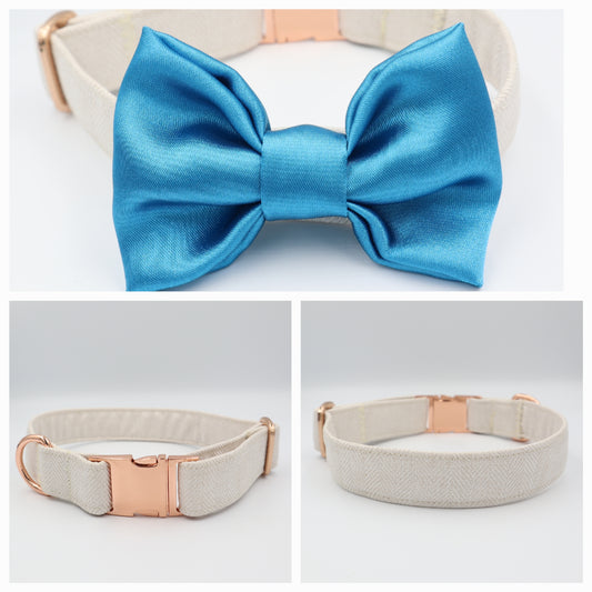 Dog Collar in Beige Soft Herringbone Tweed Style Fabric with Satin Bow CHOICE of COLOURS