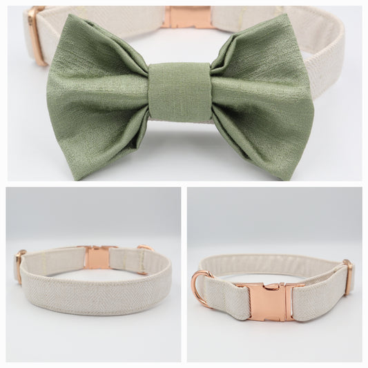 Dog Collar in Beige Soft Herringbone Tweed Style Fabric with Satin Bow CHOICE of COLOURS