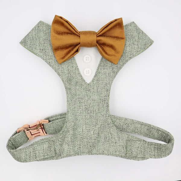 Tuxedo Wedding Dog Harness in Sage Green Soft Herringbone Tweed Fabric with Satin Bow CHOICE of COLOURS Made to Measure